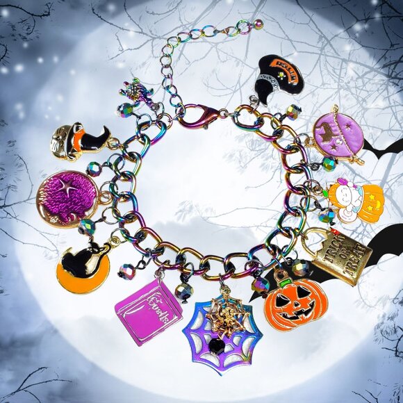 Halloween Charm Bracelet, Pumpkins, Ghost, Spider Webs, Cat, Spell Book - Picture 10 of 10